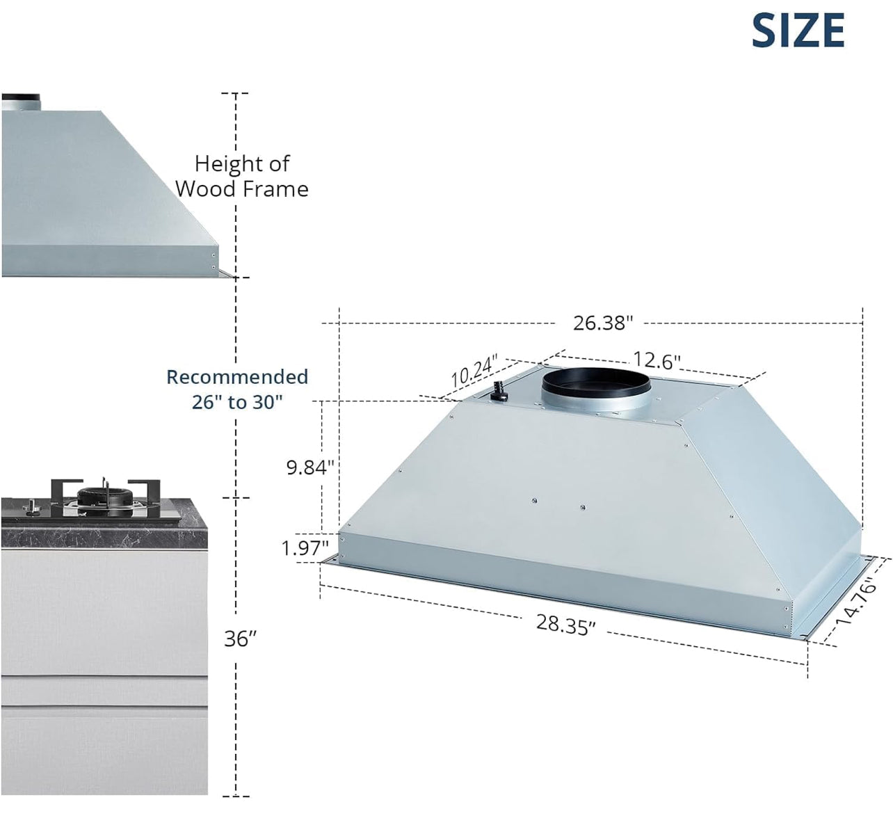 Campana extractora de 30 pulgadas, inserto de campana extractora, campana de cocina integrada de acero inoxidable, 400 CFM