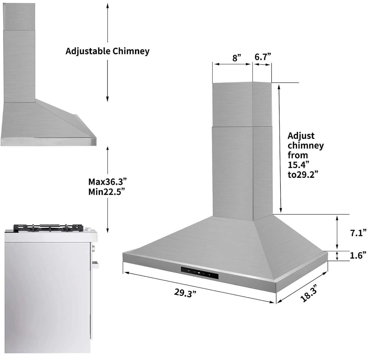 Campana extractora de 30 pulgadas, campanas de ventilación de acero inoxidable de 30 pulgadas, 450 CFM