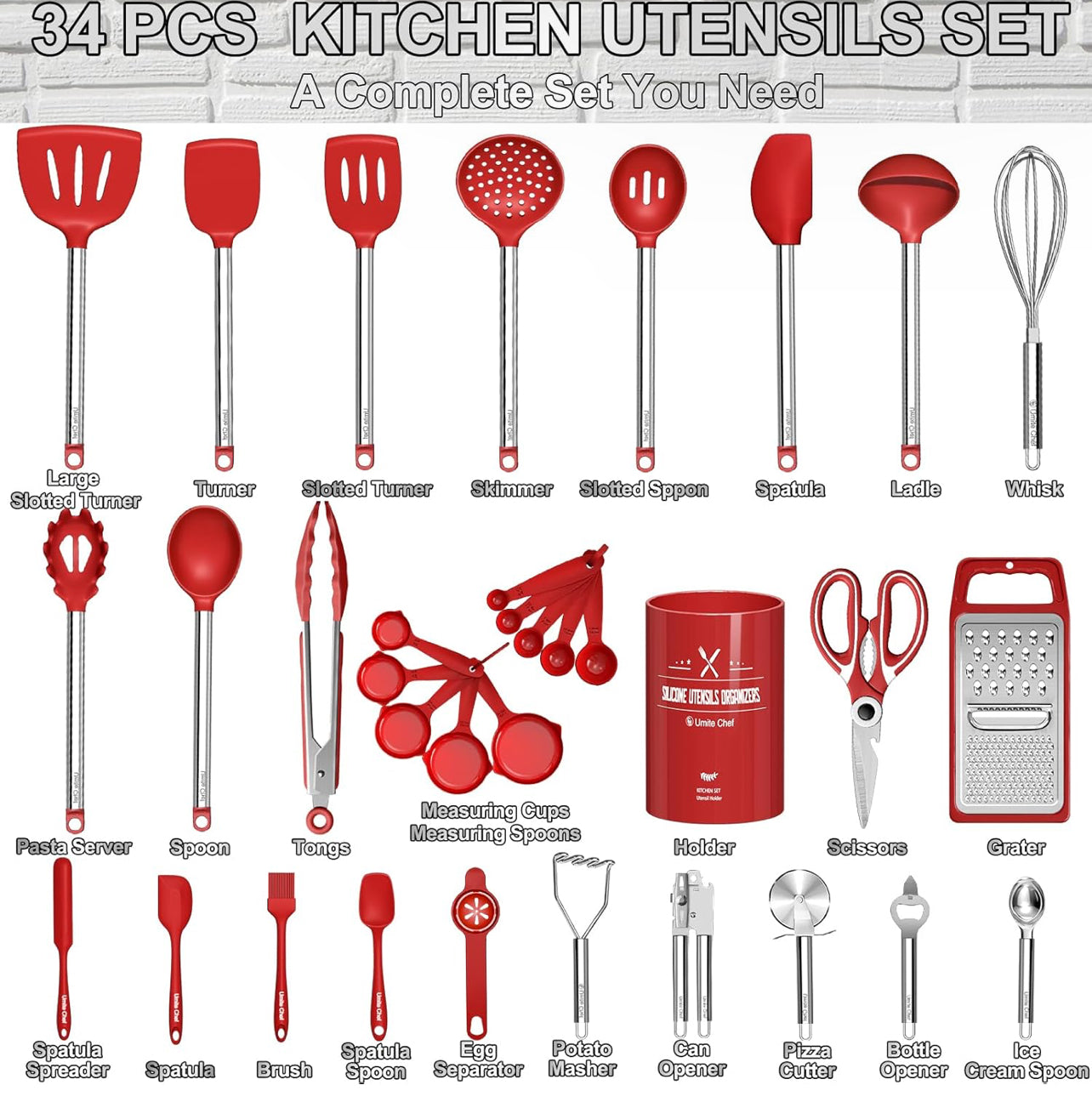 Umite Chef - Juego de utensilios de cocina de silicona, 34 piezas.
