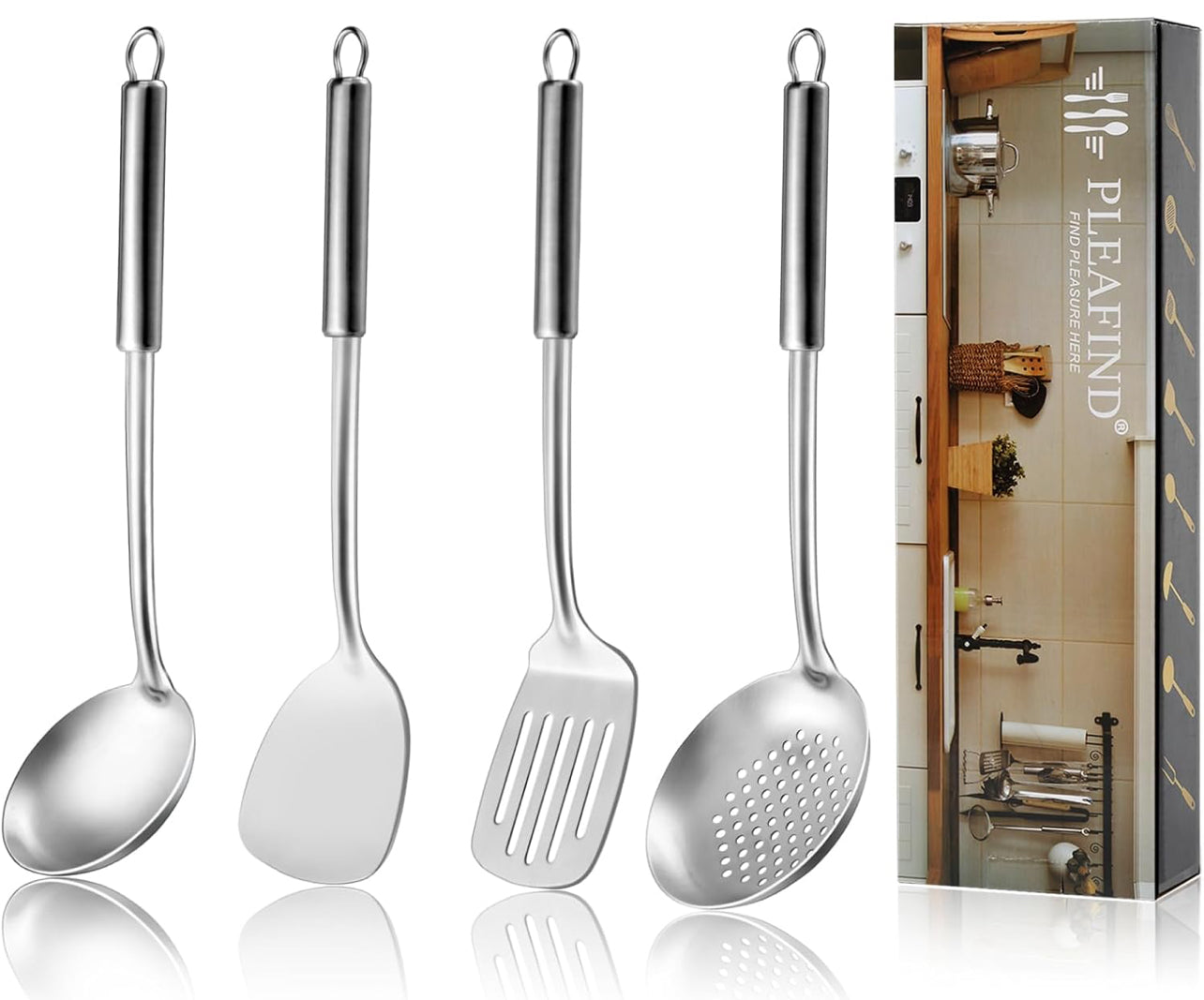 Pleafind Juego de 4 utensilios de cocina de acero inoxidable, juego de utensilios de cocina