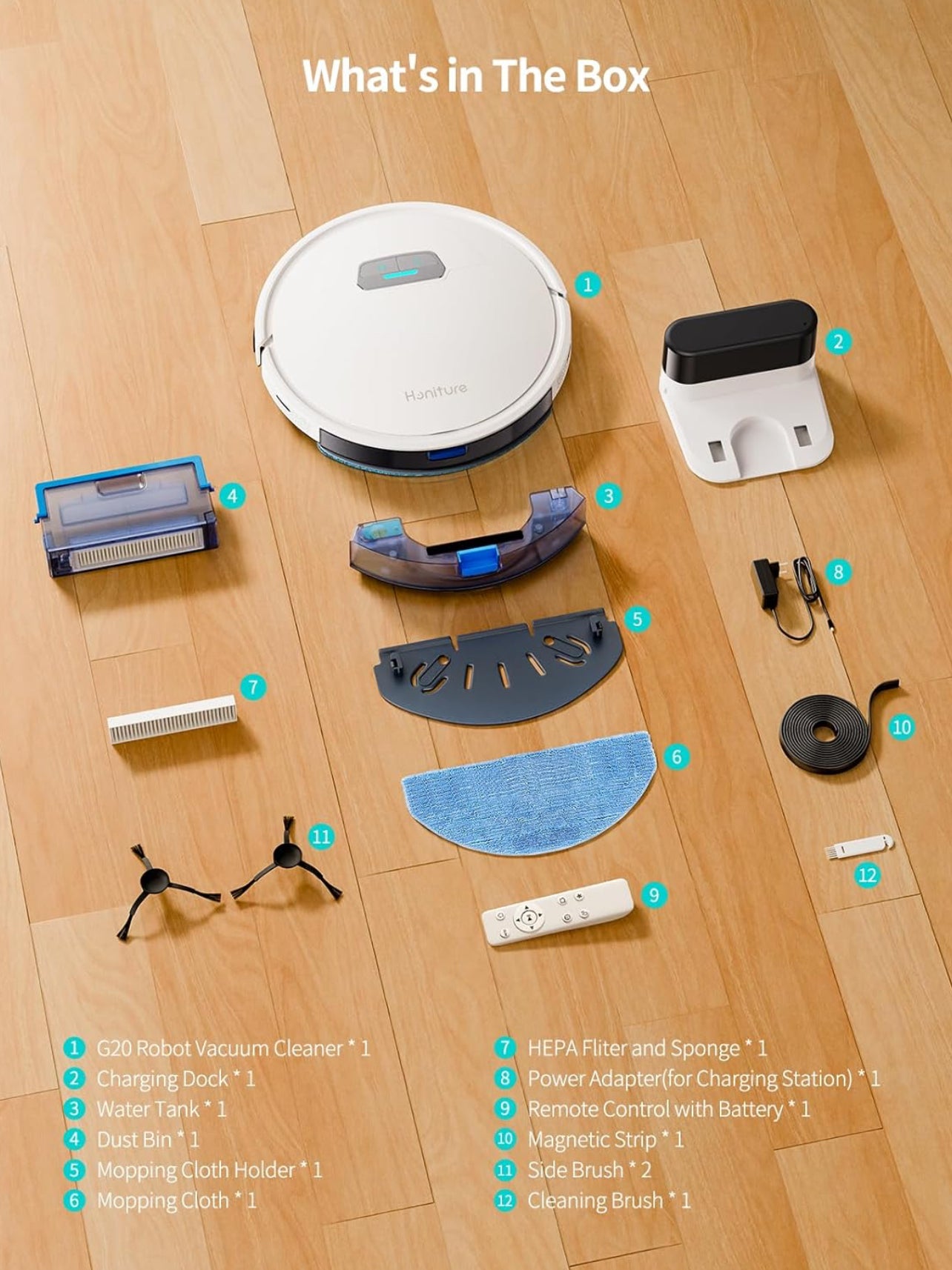 HONITURE Robot aspirador y trapeador, succión fuerte de 4000 pa, robot aspirador G20