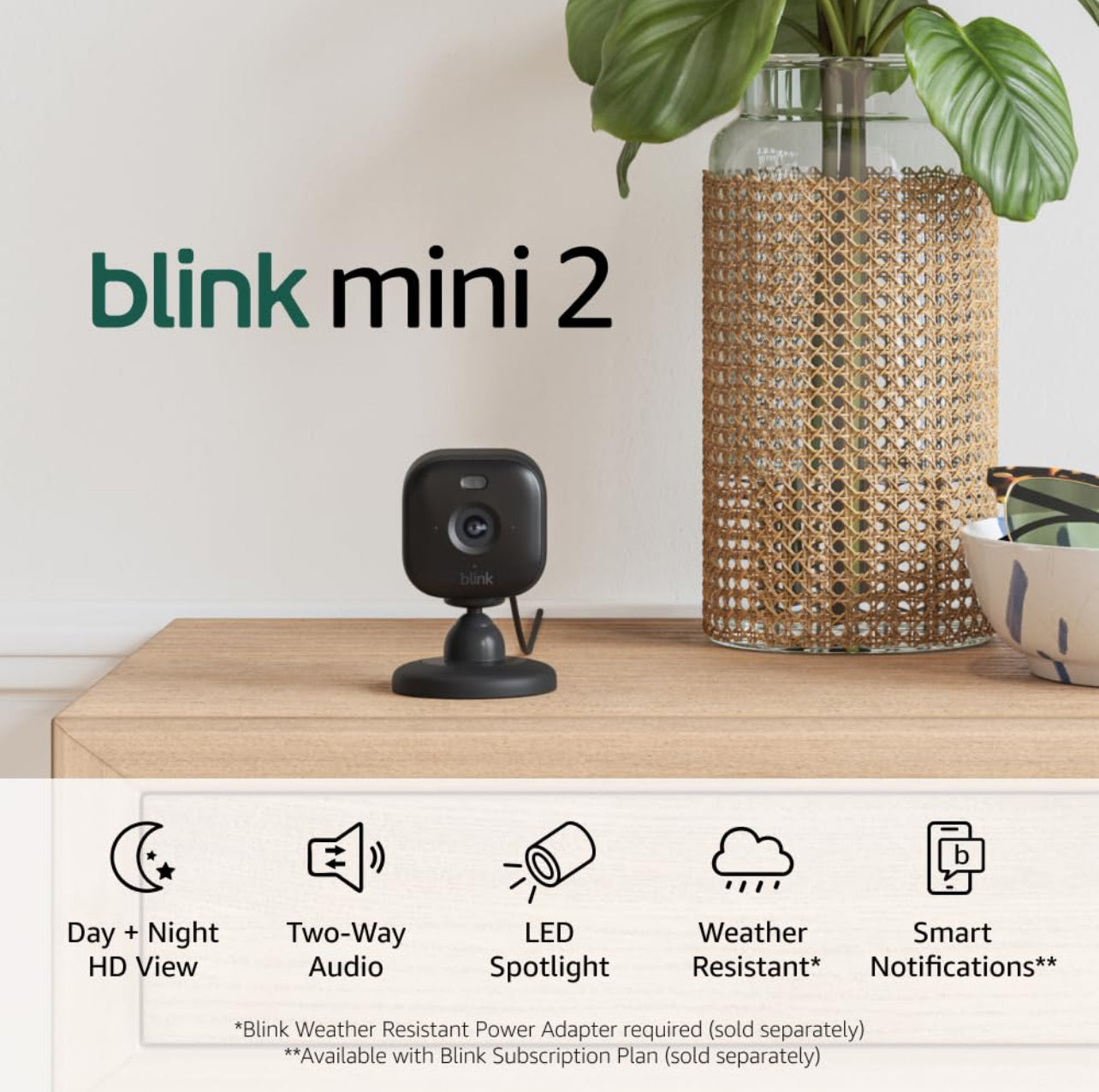 Blink Mini 2 (modelo más reciente), Cámara de seguridad inteligente conectable con visión nocturna a color HD