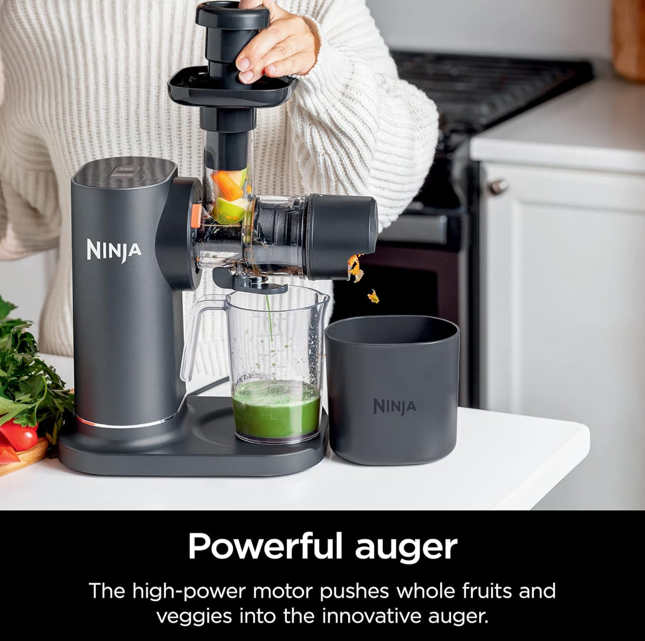 Ninja JC151 NeverClog - Extractor de prensado en frío de jugos, potente exprimidor lento eléctrico con control total de pulpa