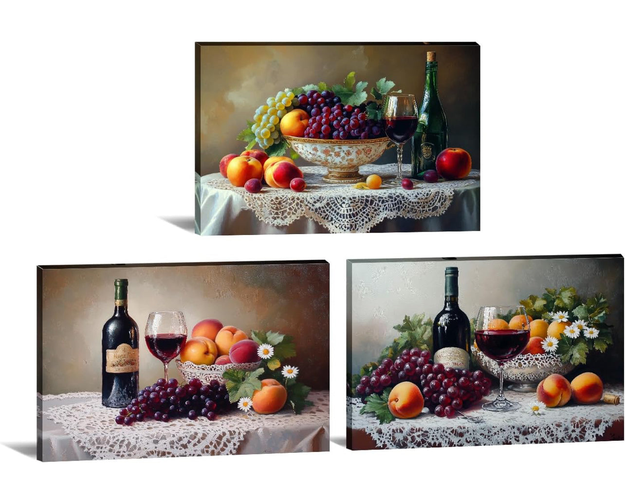 Arte de pared de vino de 3 piezas, decoración de pared de cocina, imagen vintage, vino tinto con pintura de frutas, impresiones en lienzo