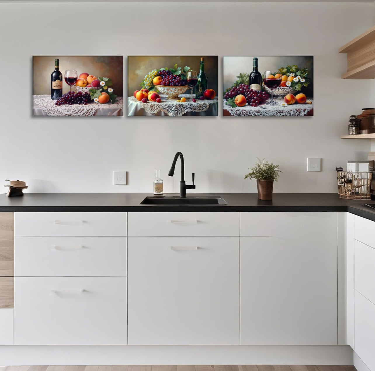 Arte de pared de vino de 3 piezas, decoración de pared de cocina, imagen vintage, vino tinto con pintura de frutas, impresiones en lienzo