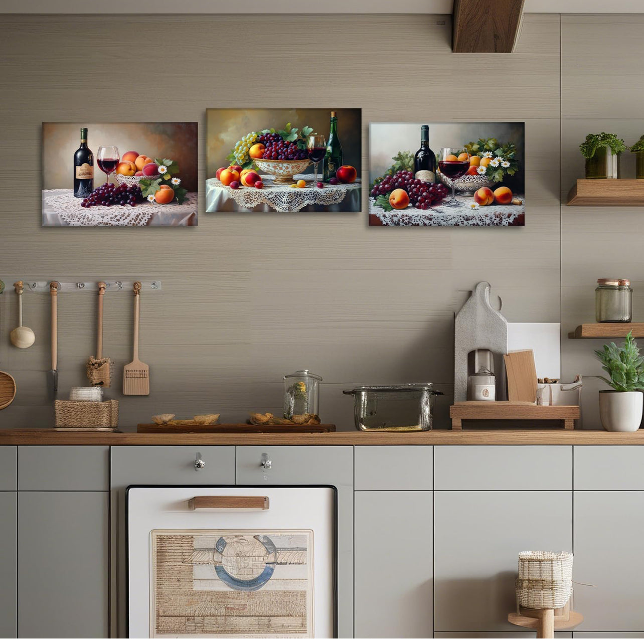Arte de pared de vino de 3 piezas, decoración de pared de cocina, imagen vintage, vino tinto con pintura de frutas, impresiones en lienzo