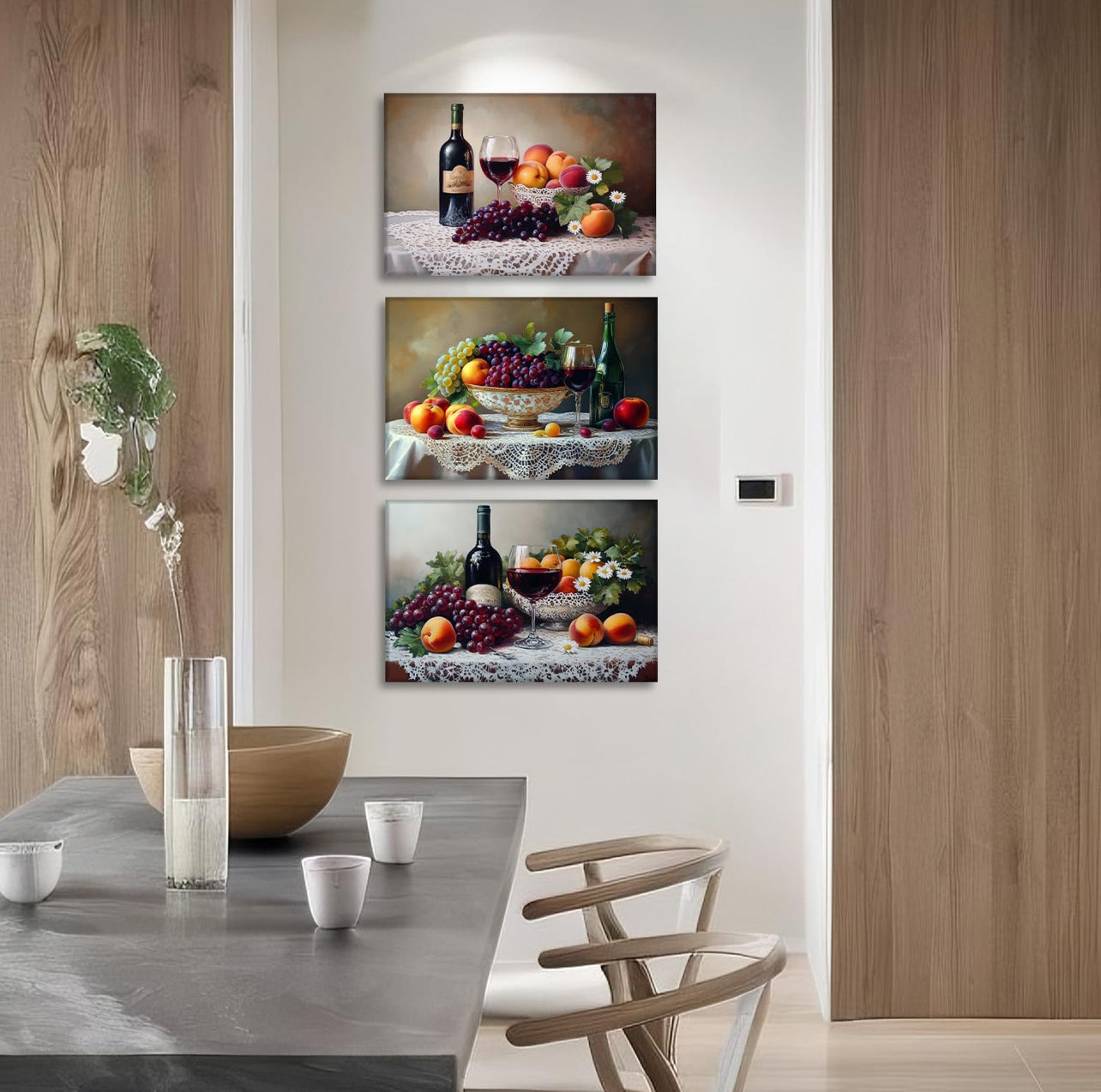 Arte de pared de vino de 3 piezas, decoración de pared de cocina, imagen vintage, vino tinto con pintura de frutas, impresiones en lienzo