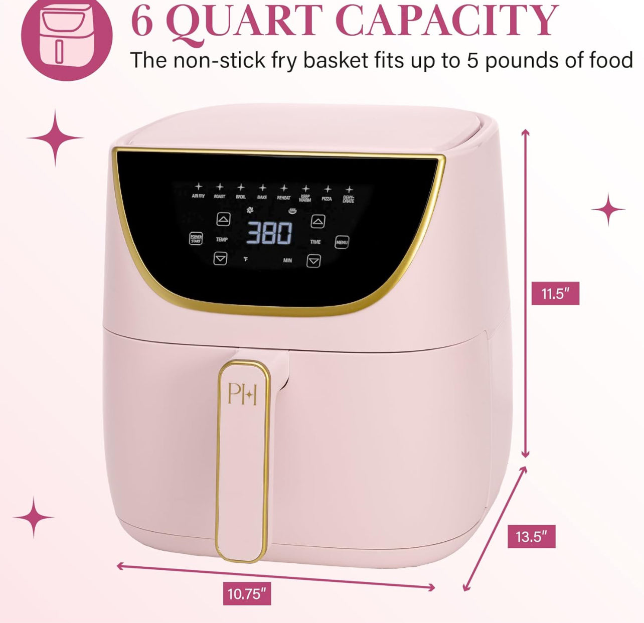 Paris Hilton Freidora de aire, gran capacidad de 6 cuartos de galón, antiadherente 8 en 1
