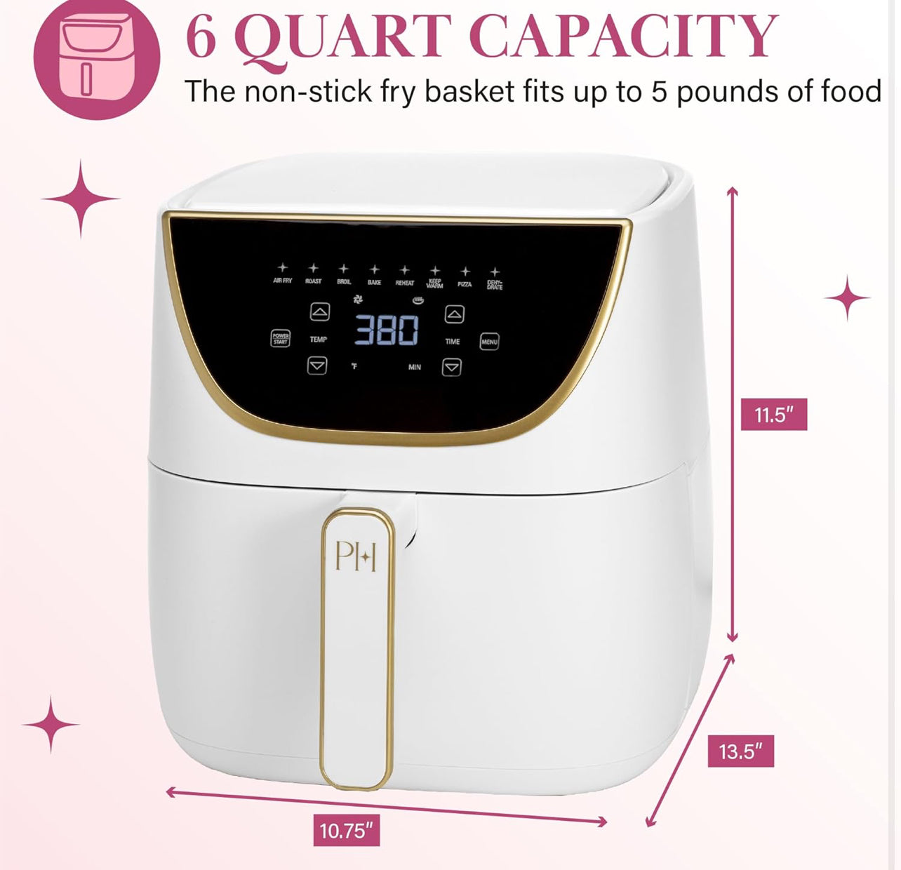 Paris Hilton Freidora de aire, gran capacidad de 6 cuartos de galón, antiadherente 8 en 1