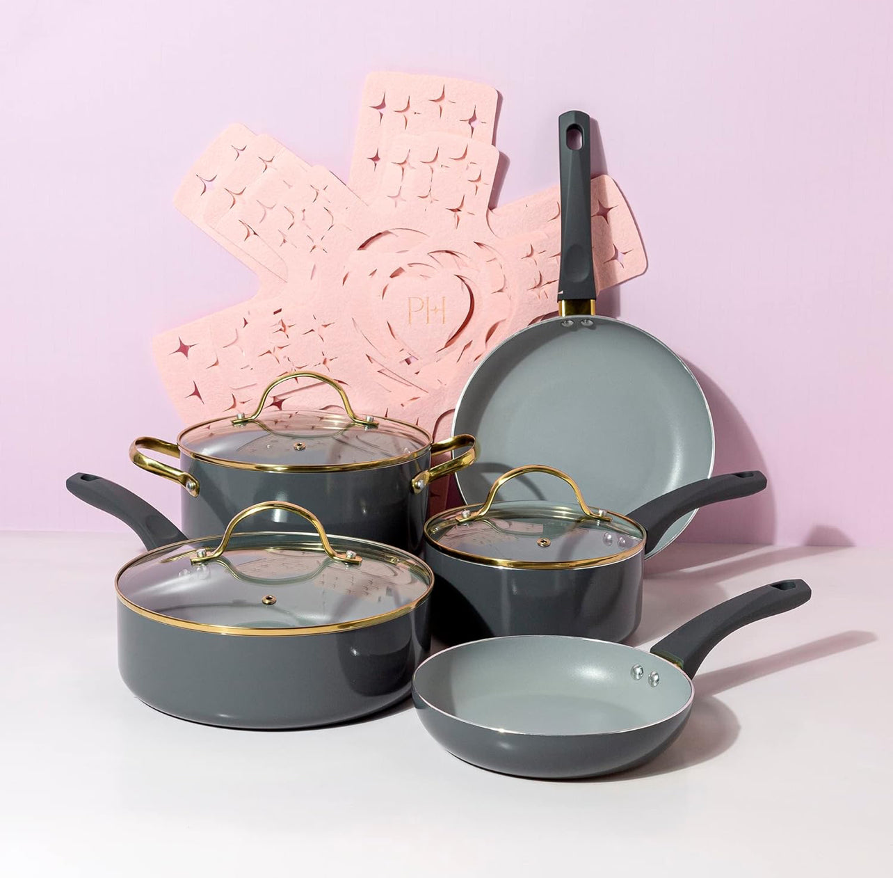 Paris Hilton Epic - Juego de ollas y sartenes antiadherentes, revestimiento multicapa, tapas de vidrio templado