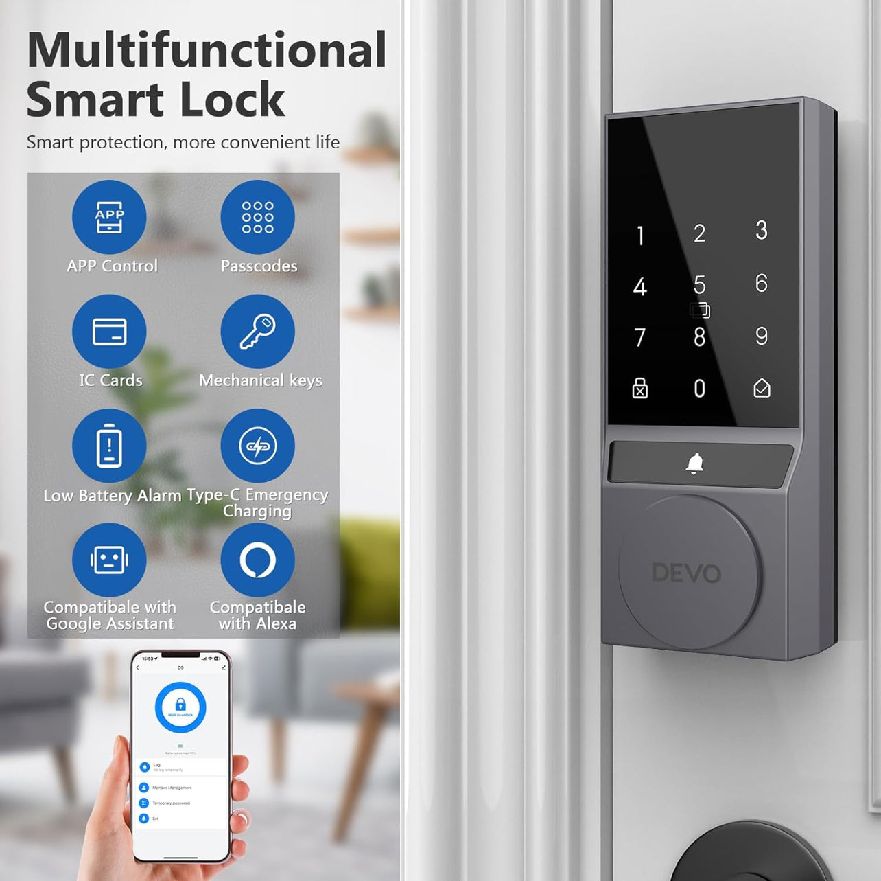 Devo Cerradura inteligente, cerradura de puerta de entrada sin llave para puerta delantera, cerrojo WiFi integrado