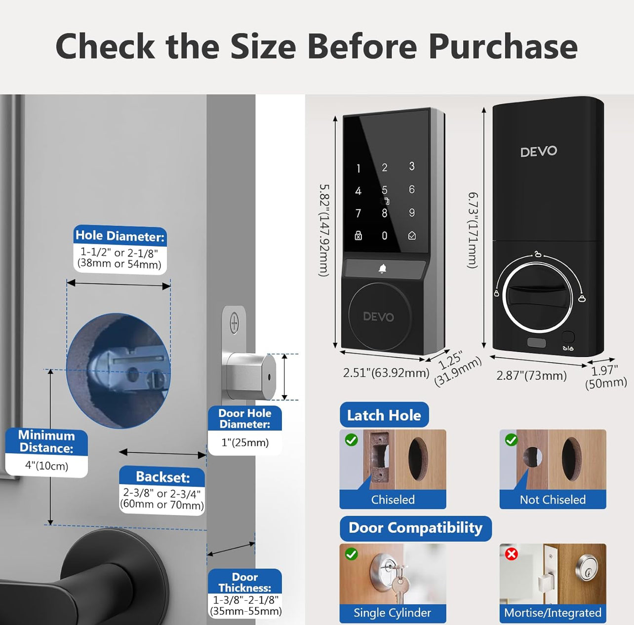 Devo Cerradura inteligente, cerradura de puerta de entrada sin llave para puerta delantera, cerrojo WiFi integrado