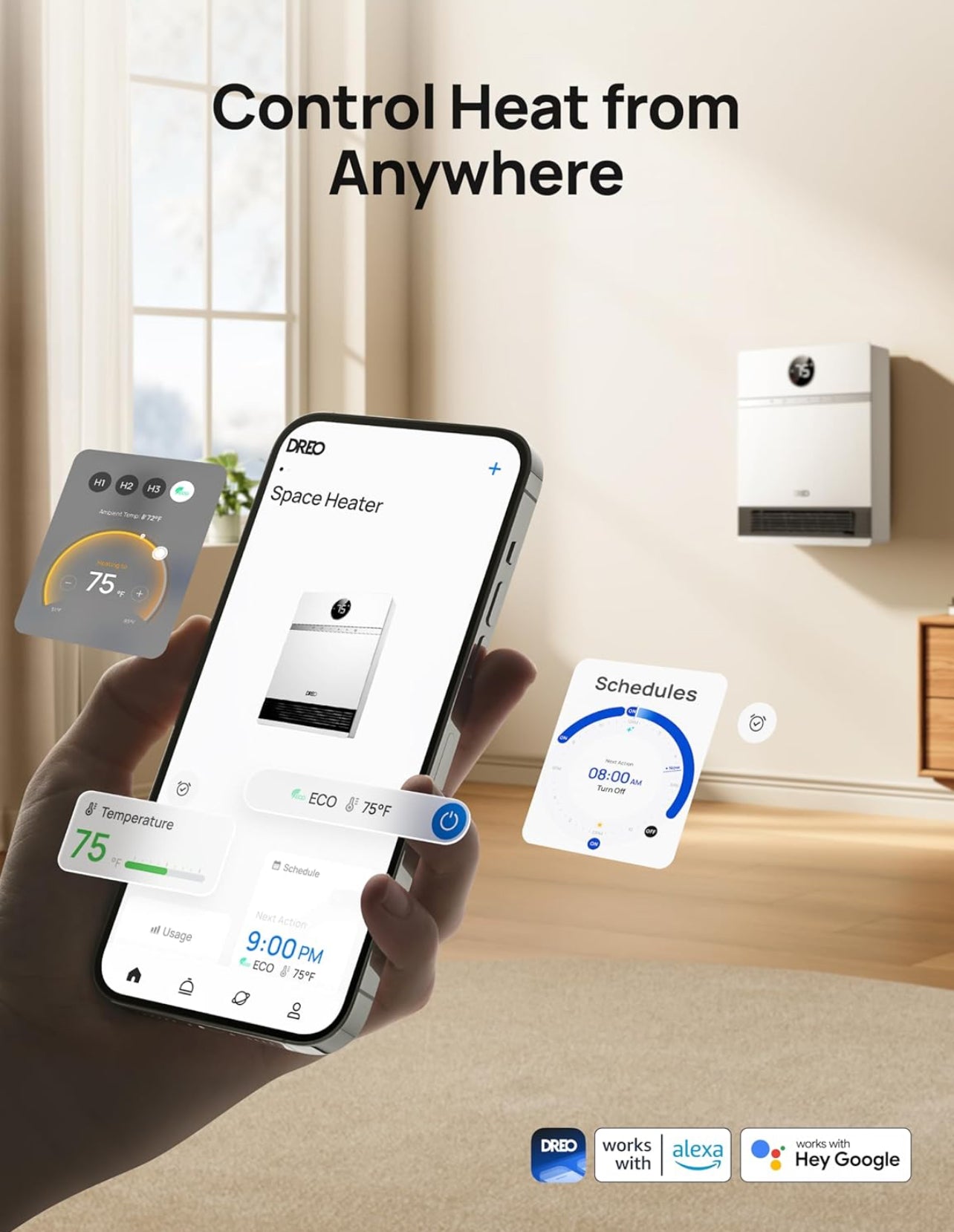 Dreo Calentador de pared inteligente, calentador eléctrico PTC IP24 para uso en interiores
