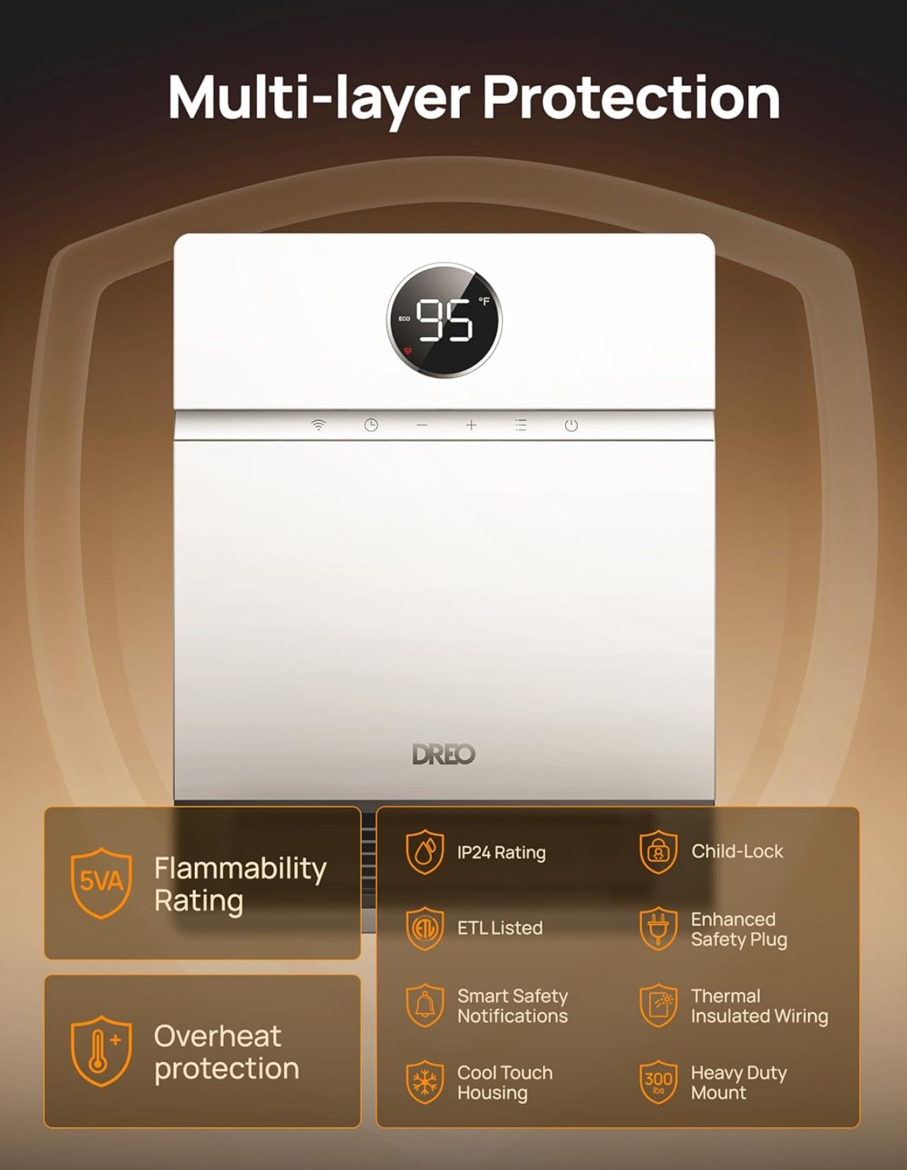 Dreo Calentador de pared inteligente, calentador eléctrico PTC IP24 para uso en interiores