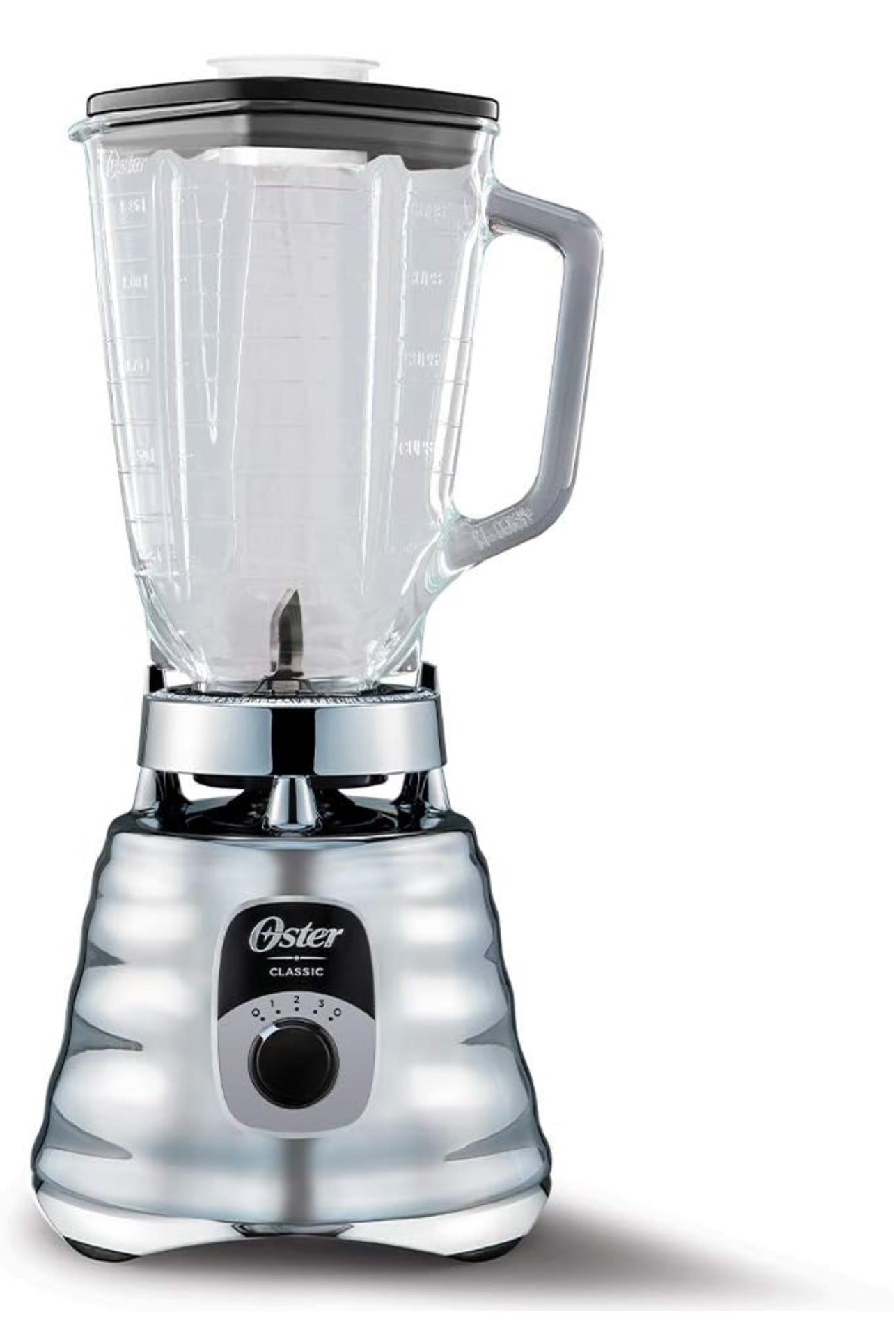 Oster Licuadora cromada original de 3 velocidades, motor 6 veces más duradera, 10 veces más fuerte, tarro de vidrio