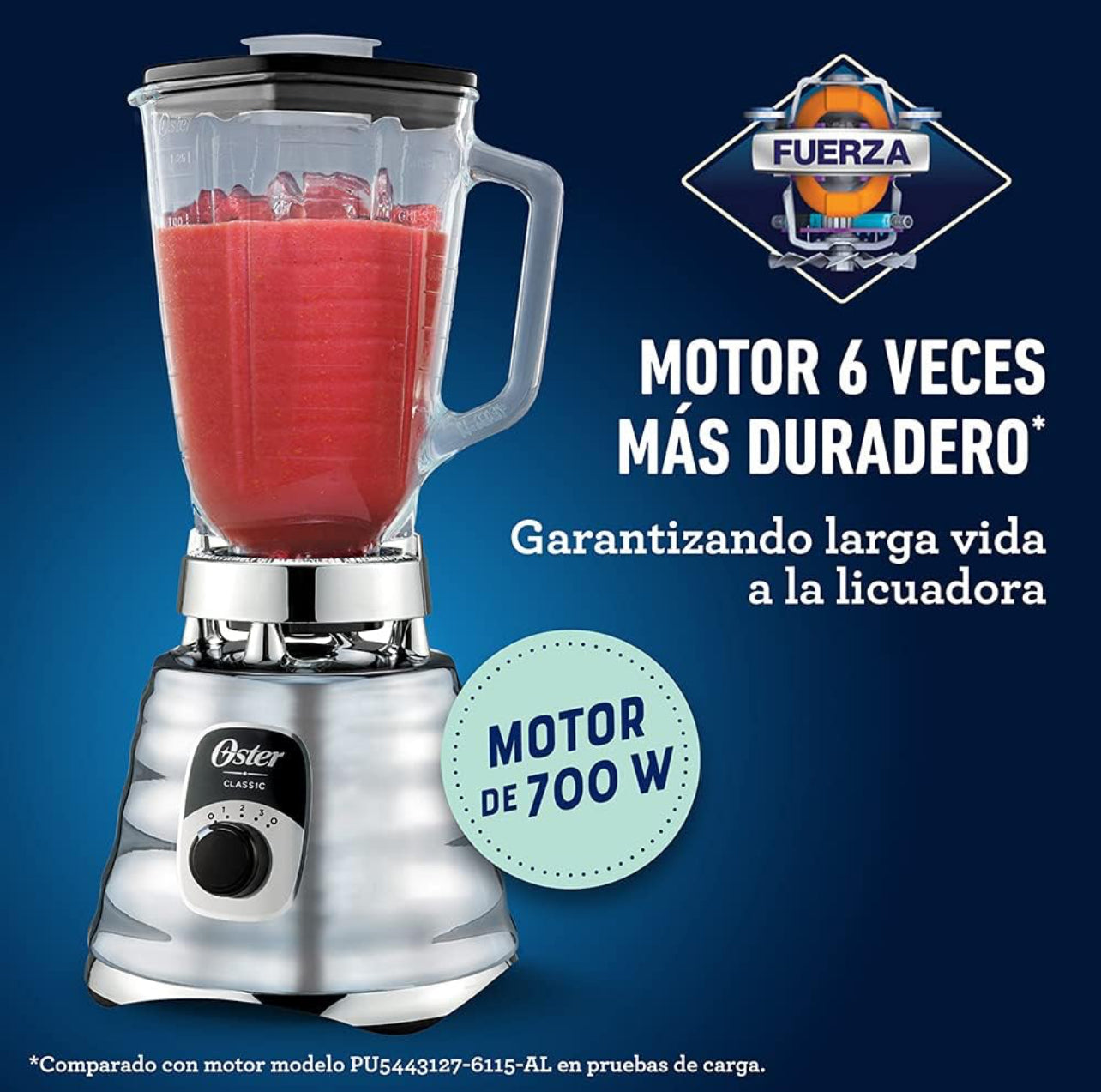 Oster Licuadora cromada original de 3 velocidades, motor 6 veces más duradera, 10 veces más fuerte, tarro de vidrio