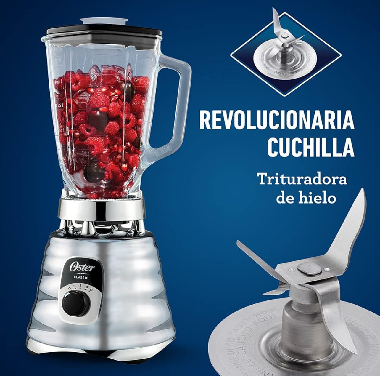 Oster Licuadora cromada original de 3 velocidades, motor 6 veces más duradera, 10 veces más fuerte, tarro de vidrio