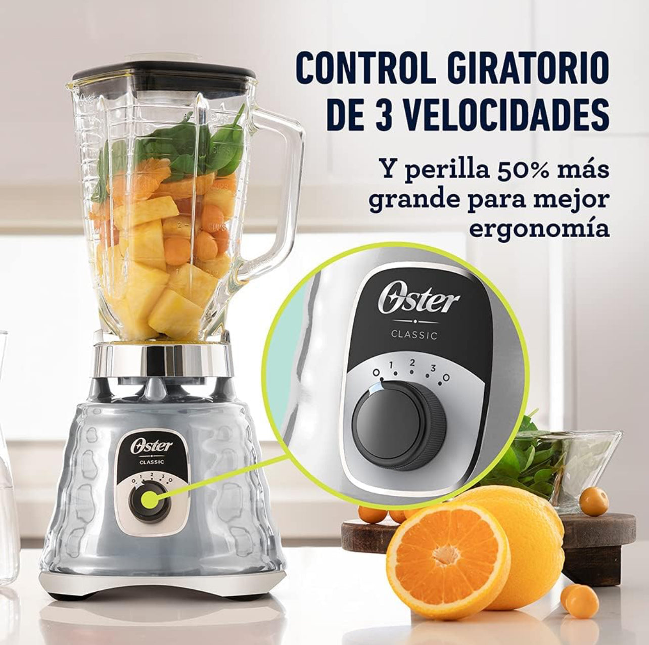 Oster Licuadora cromada original de 3 velocidades, motor 6 veces más duradera, 10 veces más fuerte, tarro de vidrio