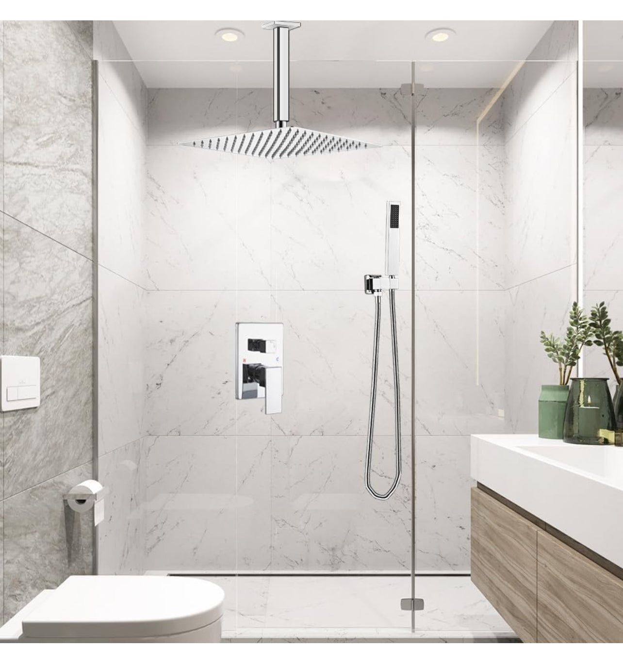Sistema de ducha para baño con cabezal de ducha de lluvia de montaje en color negro y accesorios modernos.