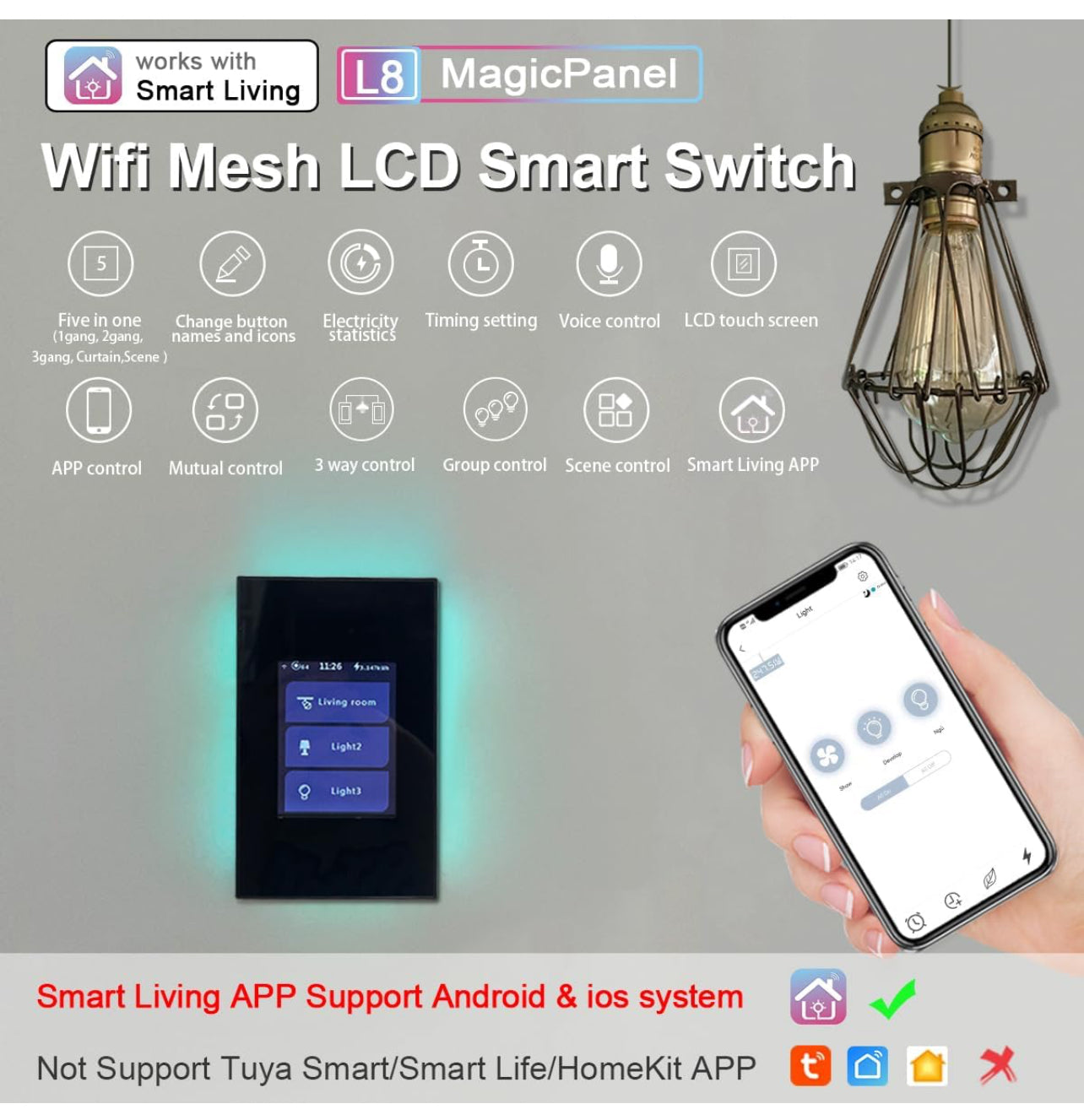 LANBON Interruptor de luz inteligente de 1/2/3 pandillas de un solo polo, inalámbrico de 3 vías, necesita cable neutro, panel táctil LCD iluminado, malla WiFi