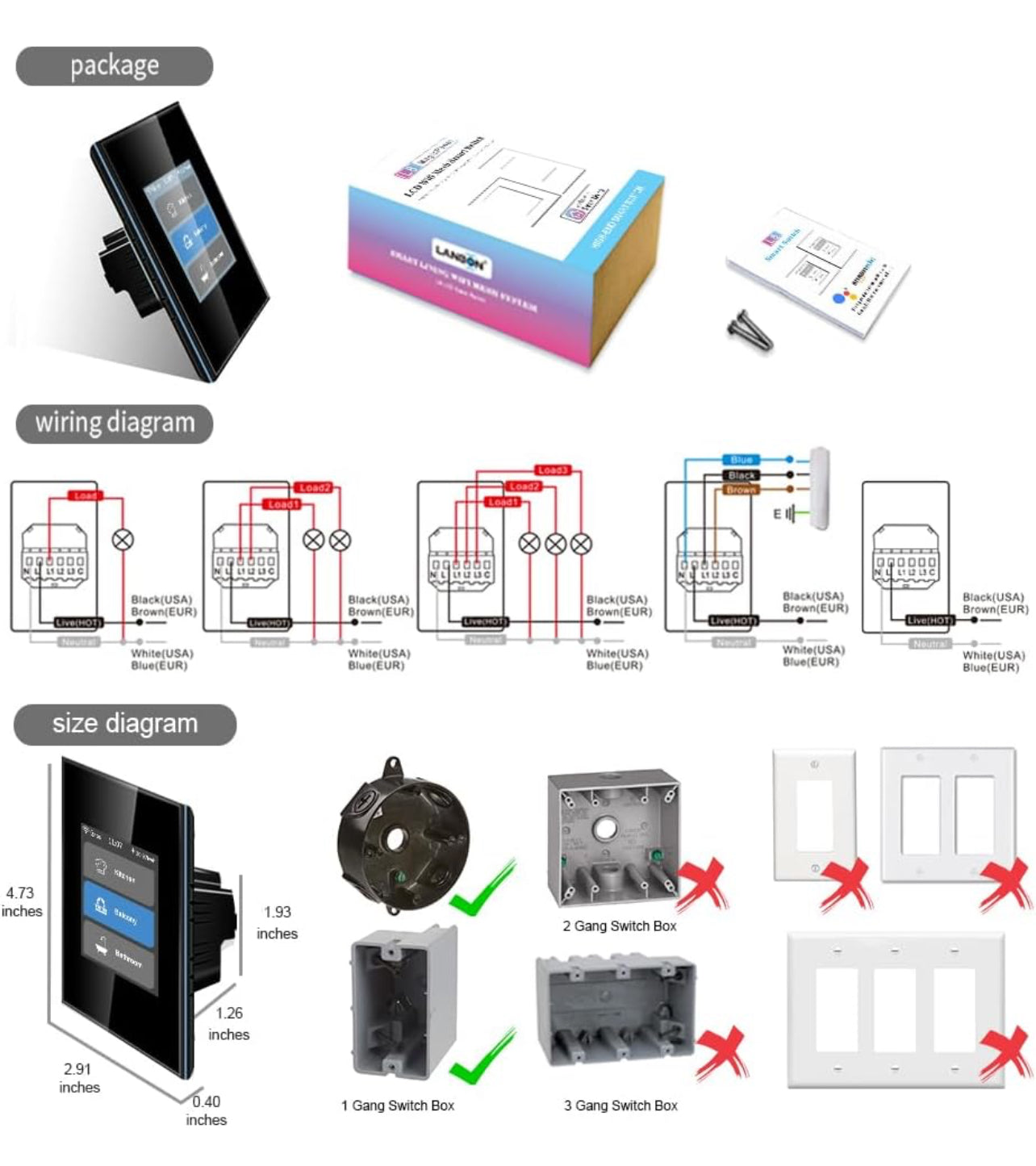 LANBON Interruptor de luz inteligente de 1/2/3 pandillas de un solo polo, inalámbrico de 3 vías, necesita cable neutro, panel táctil LCD iluminado, malla WiFi