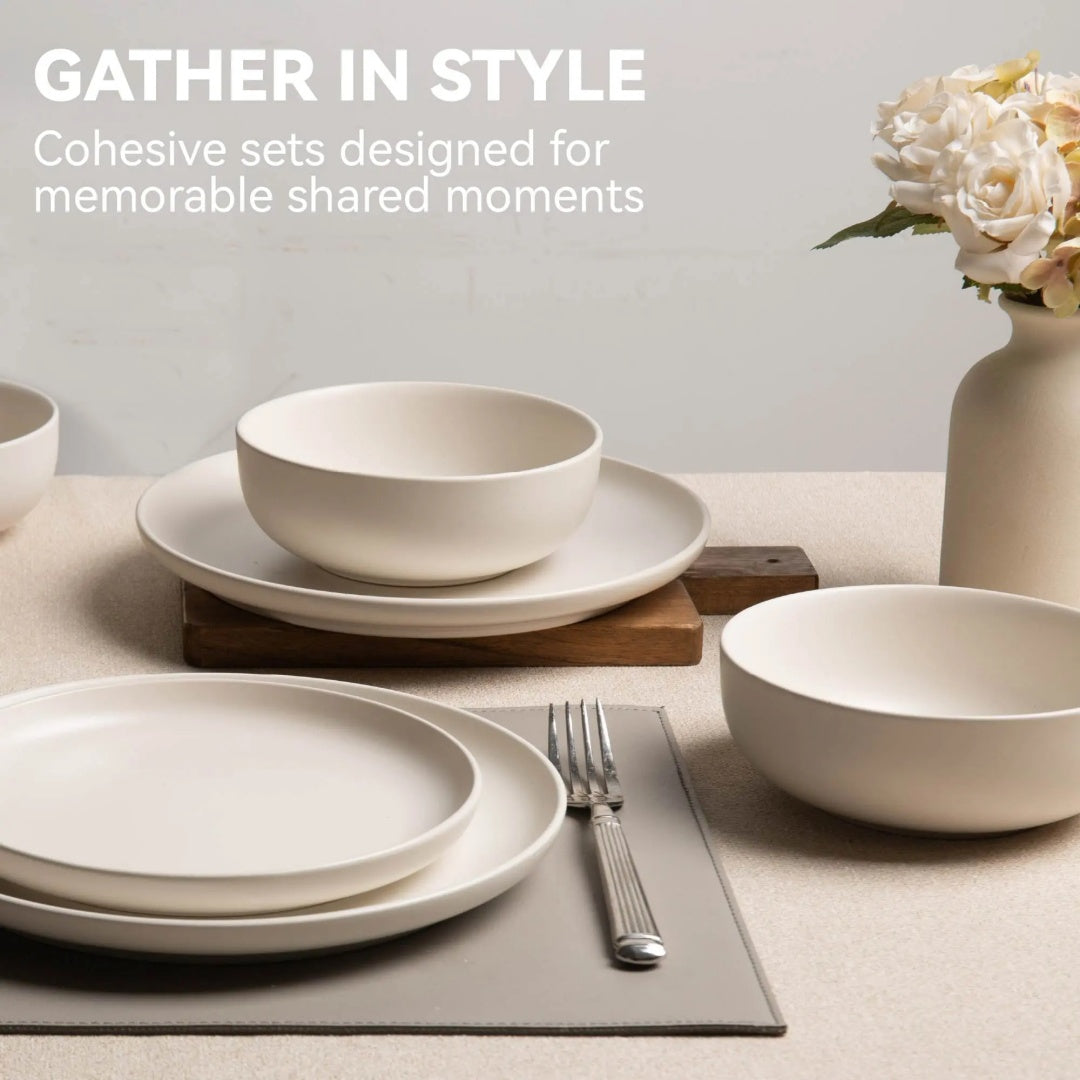 12-Piece Stoneware Dinnerware Sets With Mugs Microwave Dishwasher Safe Non-Toxic Dinner Plates Bowls Set Stackable Matte Glaze Kitchenware For 3