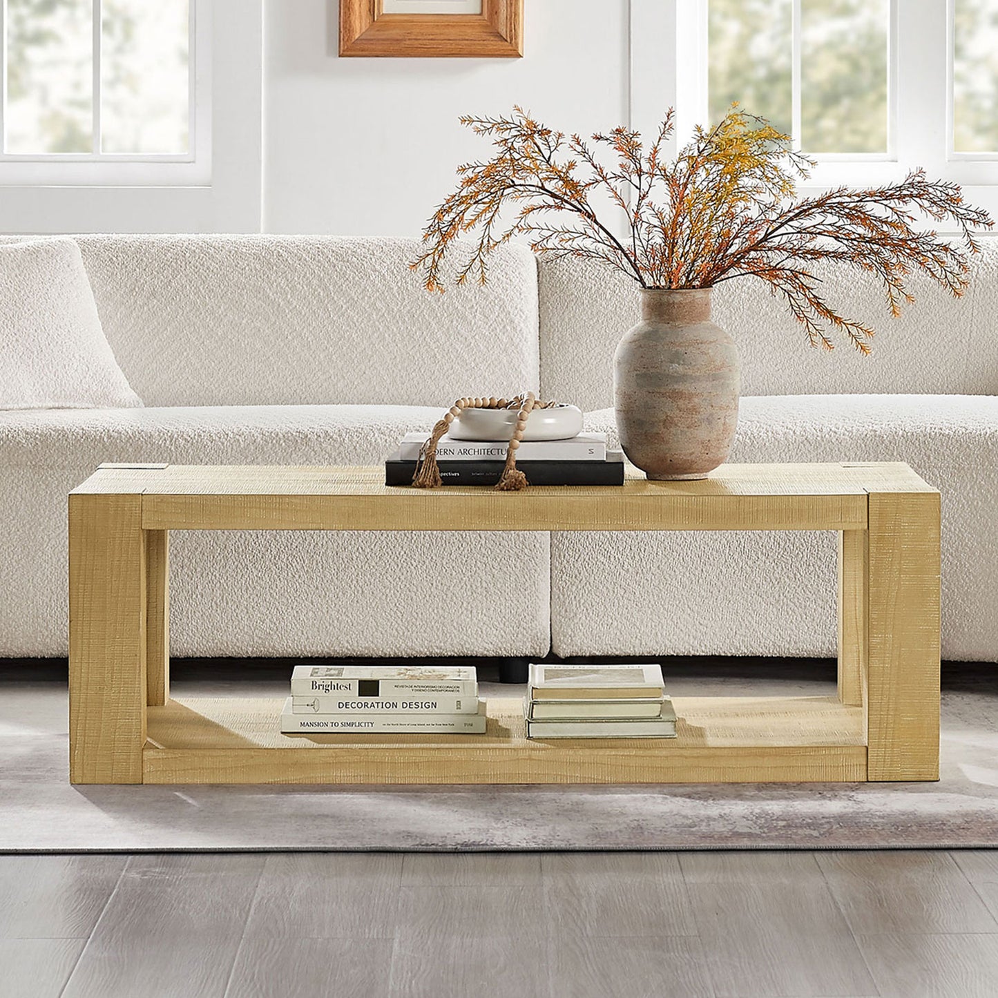 Modern Design 48 Inch Rectangular Coffee Table,2-Tier MDF Rectangle Coffee Table For Living Room,Office,Natural Color