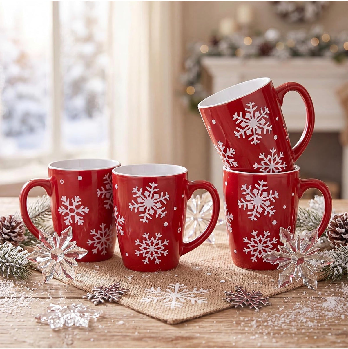 Juego de 4 tazas de cerámica de copo de nieve para regalo, 12 onzas