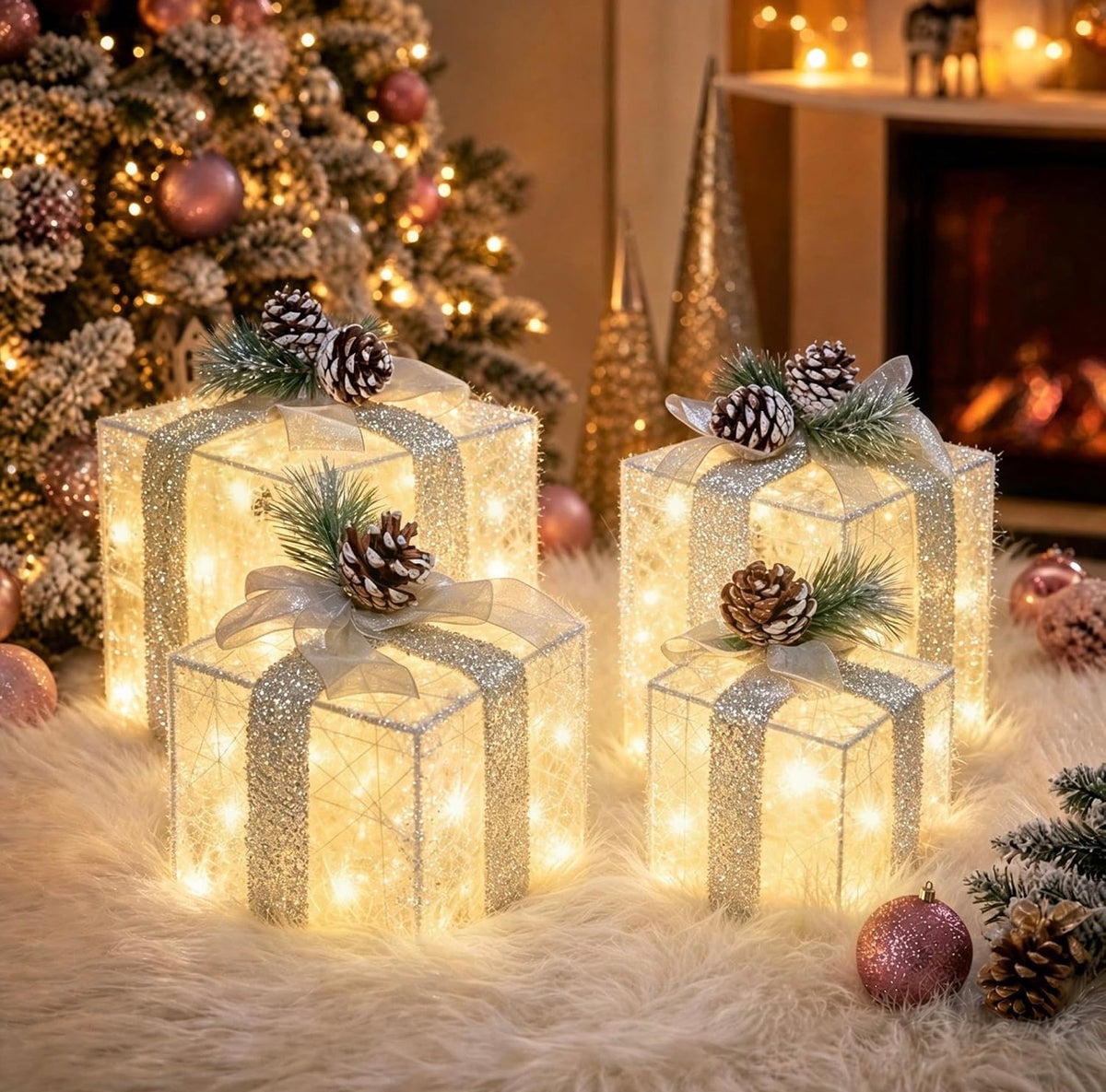 Juego de 4 cajas de regalo iluminadas de Navidad, juego de regalo con luz preiluminada