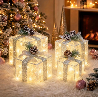 Juego de 4 cajas de regalo iluminadas de Navidad, juego de regalo con luz preiluminada