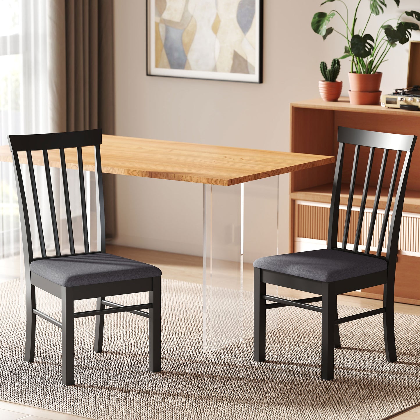 Wooden Dining Chairs Set of 2, Farmhouse Upholstered Kitchen Chairs with Rubber Wood Frame, Black and Gray