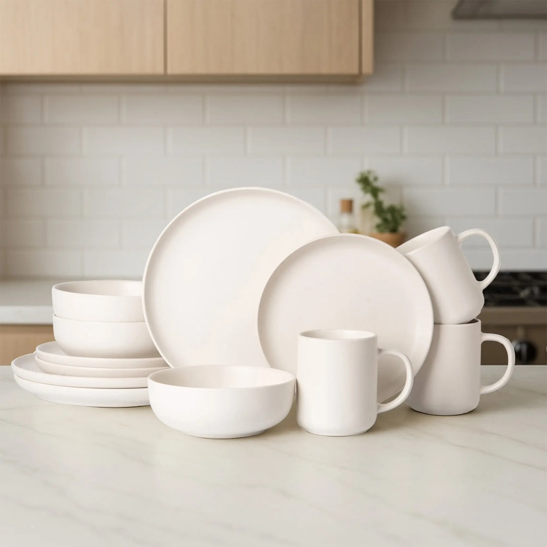 12-Piece Stoneware Dinnerware Sets With Mugs  Microwave  Dishwasher Safe  Non-Toxic Dinner Plates Bowls Set  Stackable Matte Glaze Kitchenware For 3