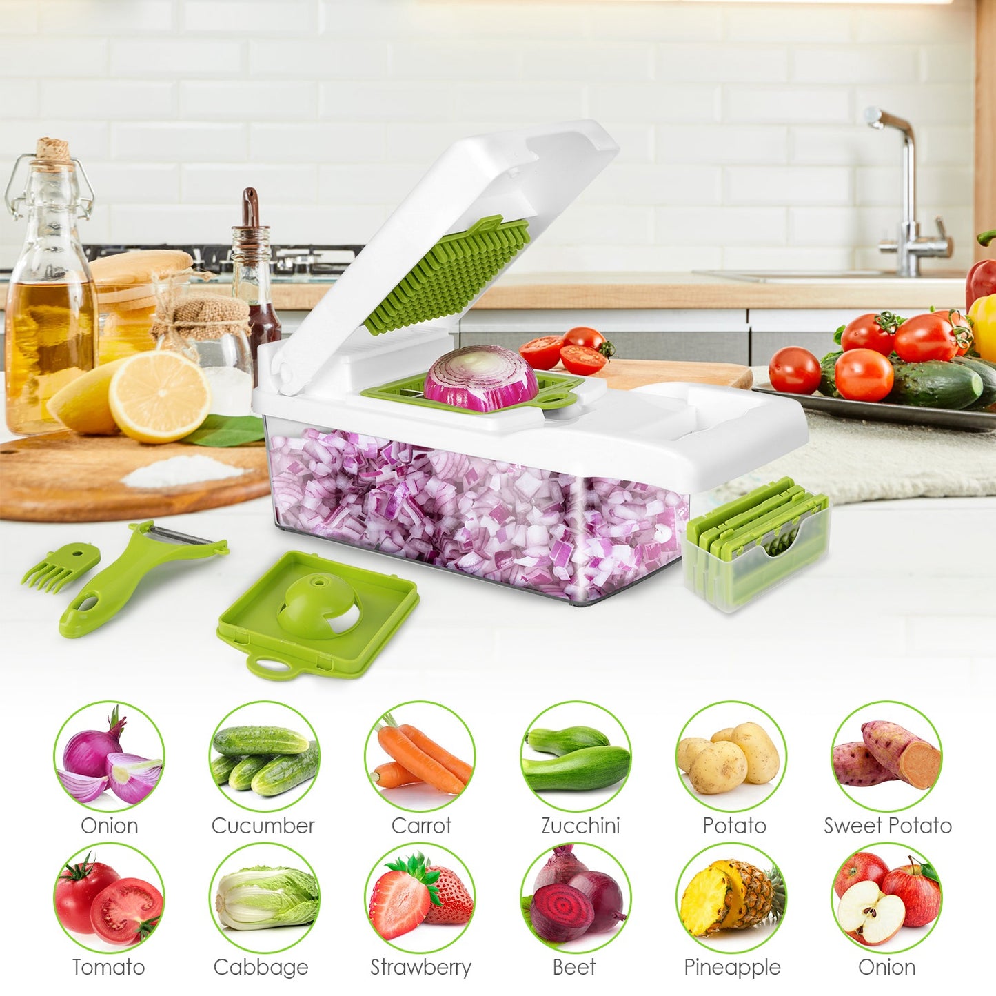 1Set 12 In 1 Vegetable Chopper With Container Kitchen Food Slicer