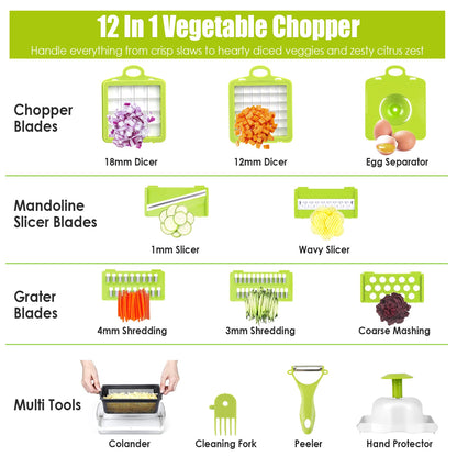 1Set 12 In 1 Vegetable Chopper With Container Kitchen Food Slicer