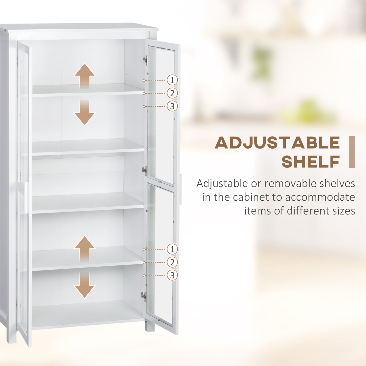 63" Kitchen Pantry Cabinet Display, Freestanding Storage, with 2 Glass Doors