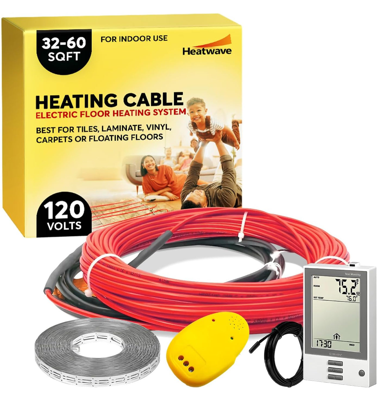 Cable calefactor de suelo de 120 V - Sistema de suelo térmico de 2.9 a 5.5 metros cuadrados, calentador de cable eléctrico por suelo radiante, sistema de suelo radiante para azulejos con termostato GFCI