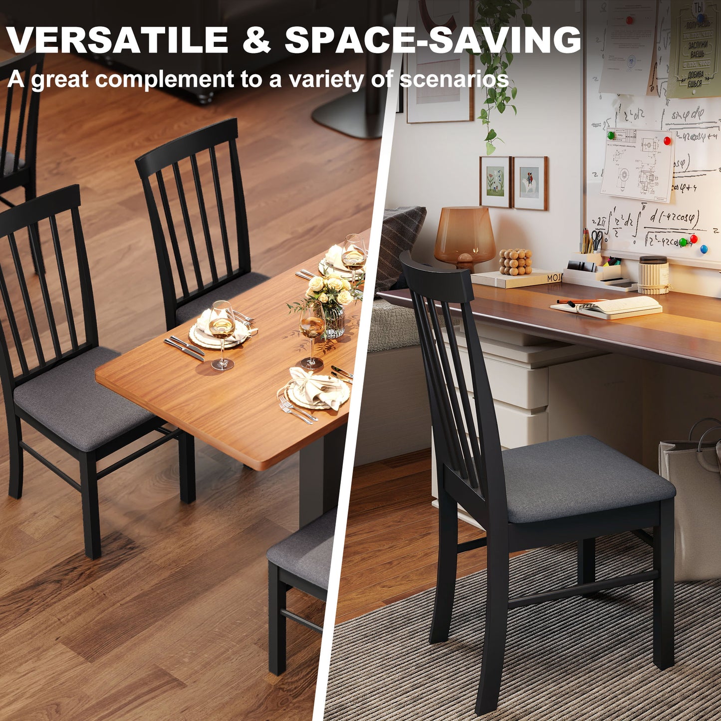 Wooden Dining Chairs Set of 2, Farmhouse Upholstered Kitchen Chairs with Rubber Wood Frame, Black and Gray