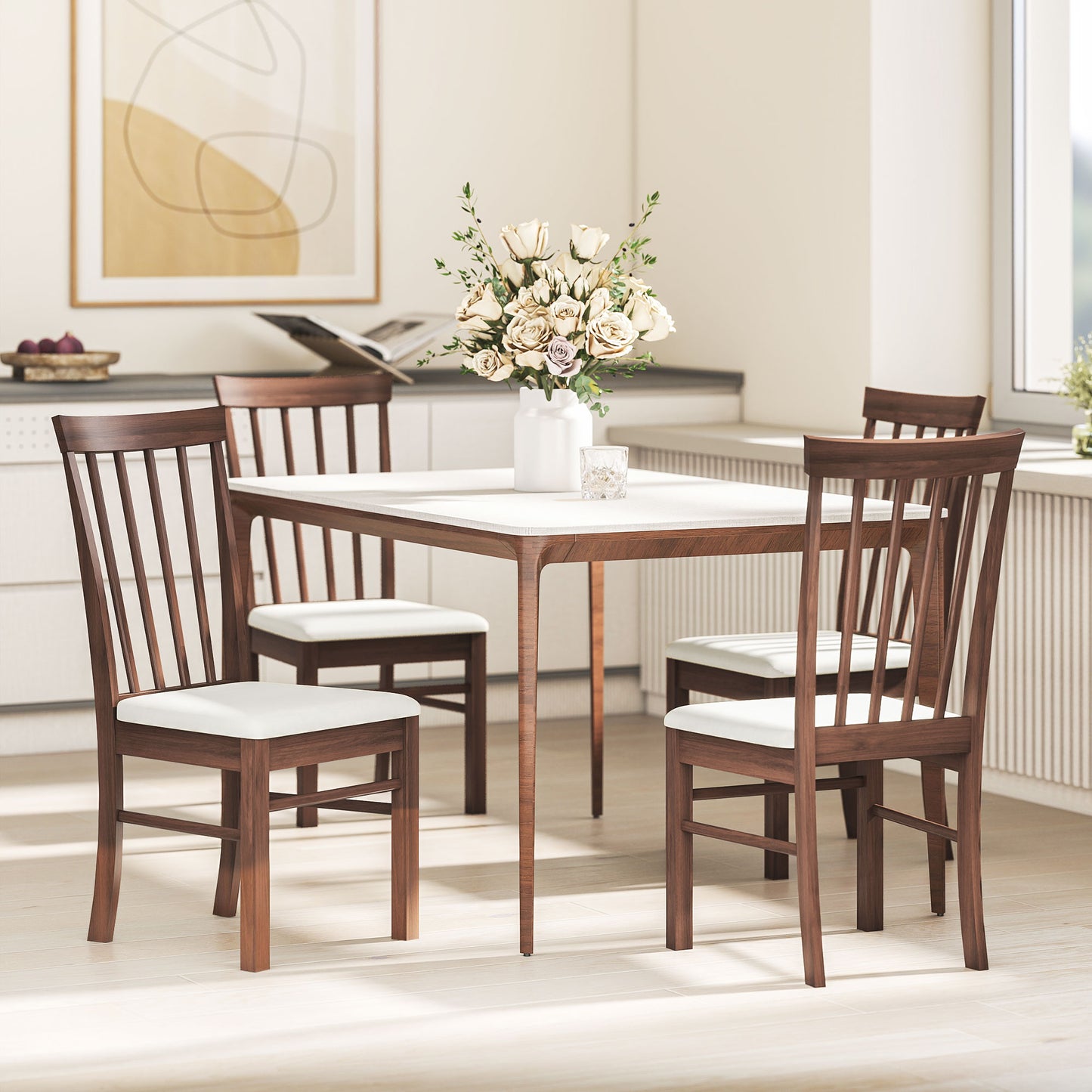 Wooden Dining Chairs Set of 2, Farmhouse Upholstered Kitchen Chairs with Rubber Wood Frame, Dark Brown and Beige