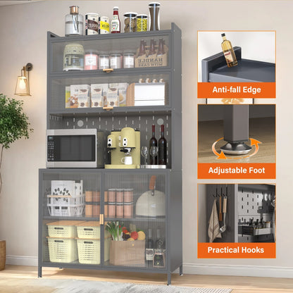 73'' Tall Kitchen Pantry Cabinet , 6 Level Flip Door With Pegboard Spacious, Adjustable & Stylish Metal Pantry Storage Cabinet, Anti-Tip Design Hutch For Kitchen, Dining Room, Living Room Grey