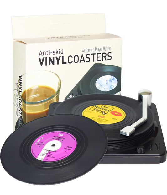 Divertidos posavasos retro para bebidas con soporte para reproductor de vinilo para amantes de la música, juego de 6 posavasos