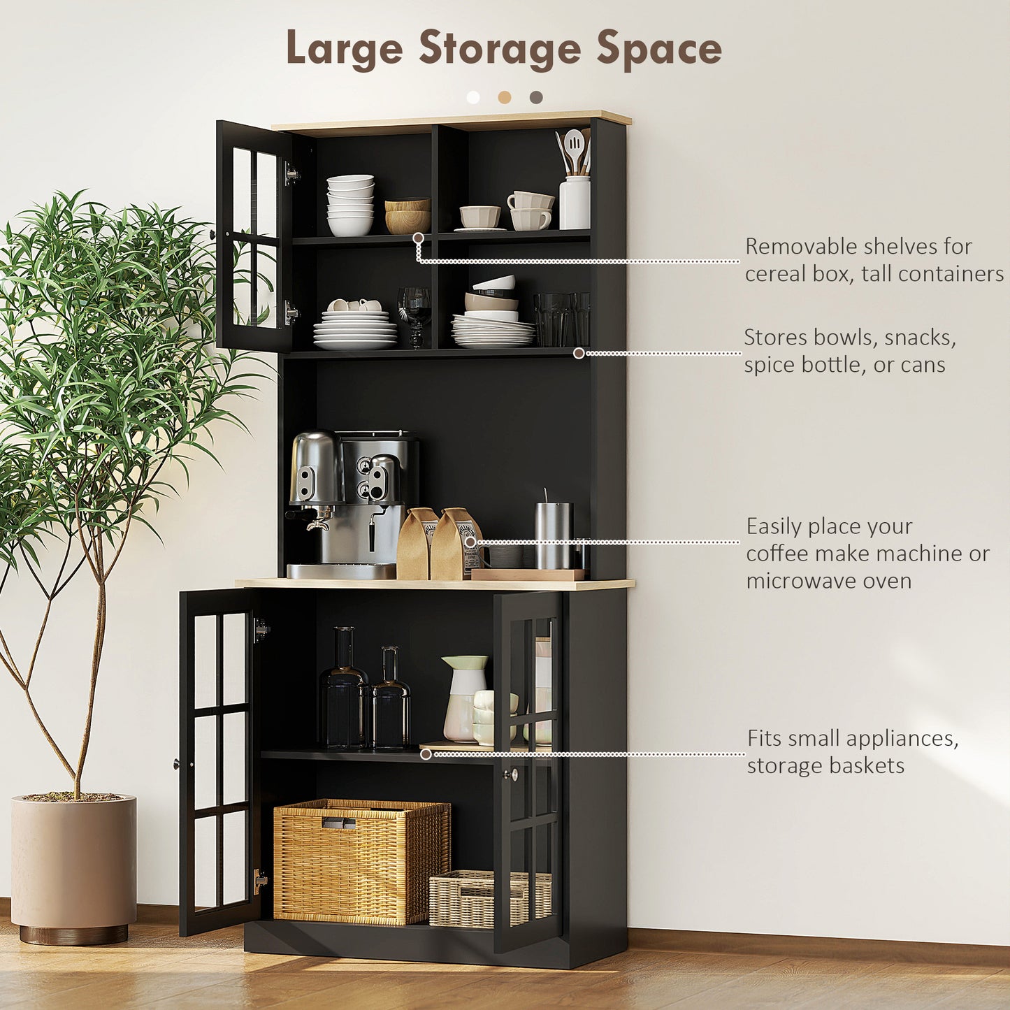 Kitchen Pantry Storage Cabinet, 72" Freestanding Cabinet With Hutch, Large Countertop, Glass Doors And Adjustable Shelves For Dining Room, Black