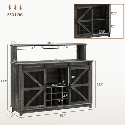 55" Coffee Bar Cabinet with Lights, Farmhouse Wine Cabinet with Wine and Glass Racks for Kitchen, Dining Room, Brown