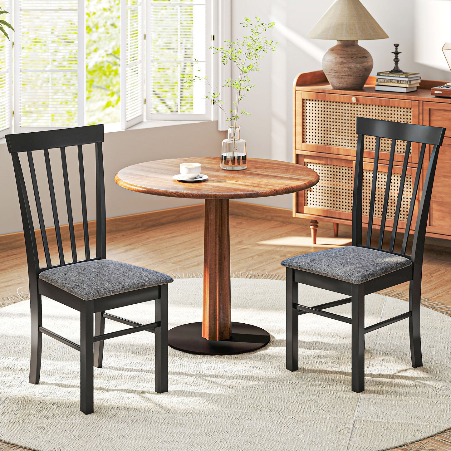 Wooden Dining Chairs Set of 2, Farmhouse Upholstered Kitchen Chairs with Rubber Wood Frame, Black and Gray