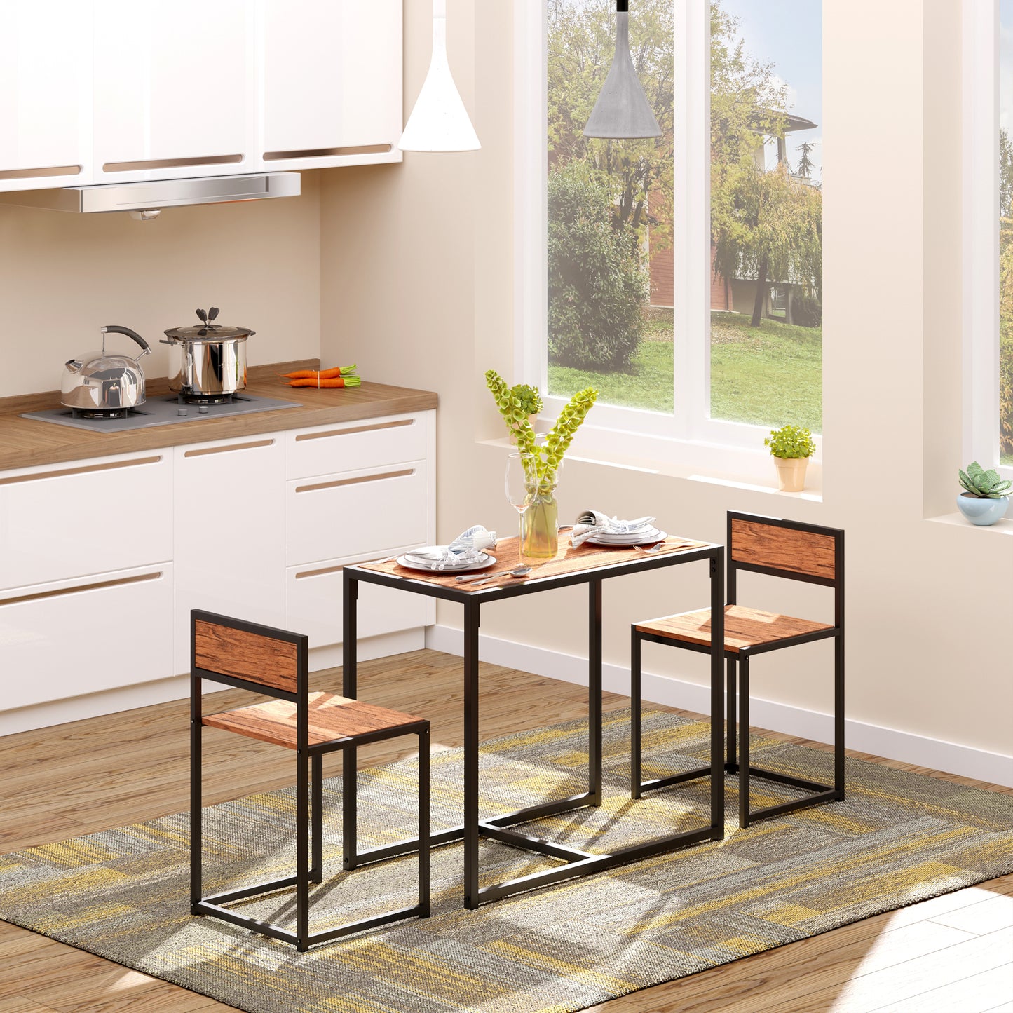 3-Piece Industrial Dining Table Set For 2, Kitchen Table And Chairs, Dining Room Sets For Small Spaces, Rustic Brown