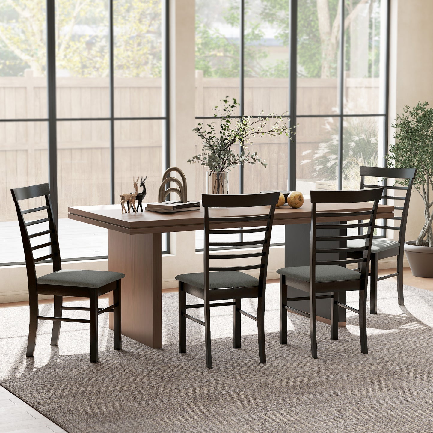 Wooden Dining Chairs Set Of 4, Farmhouse Upholstered Kitchen Chairs With Rubber Wood Frame, Black And Gray