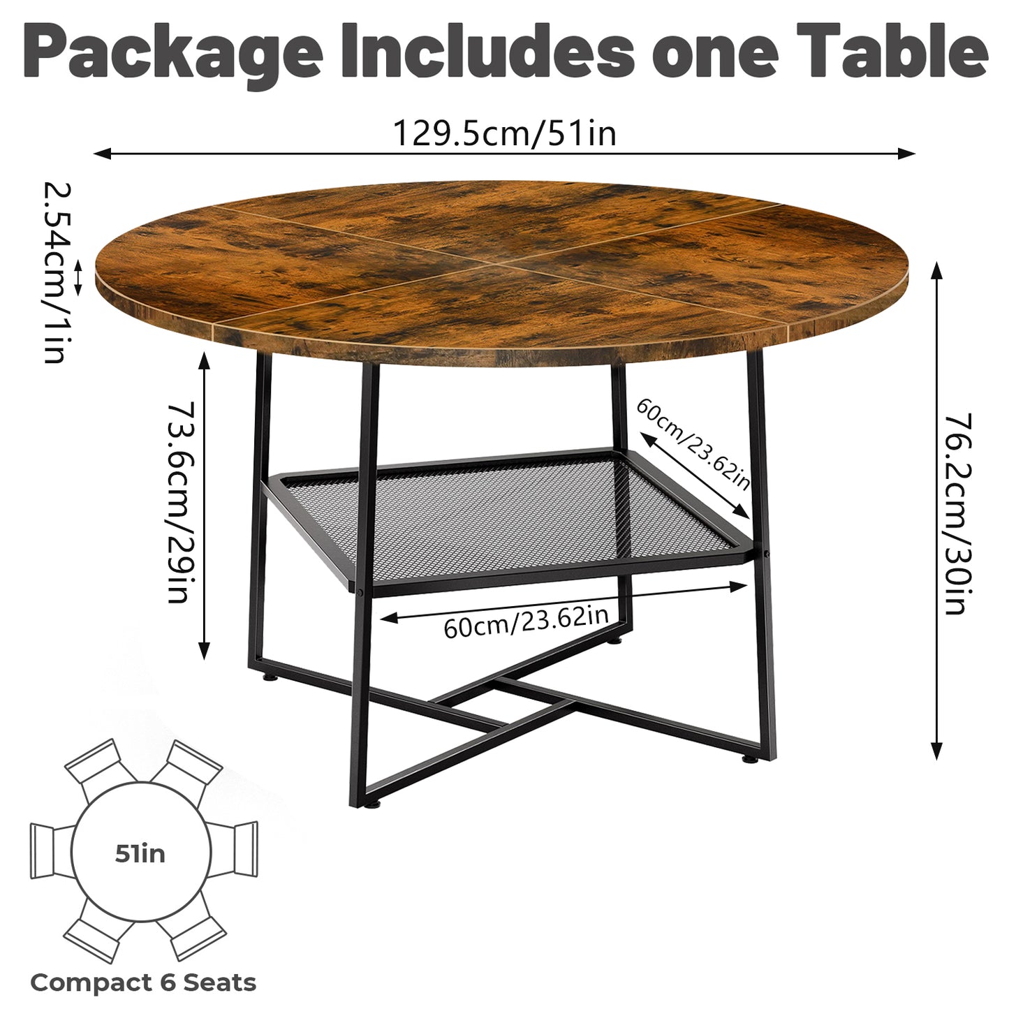 51inch Round Dining Table For 4-6  Tiger Stripes Black Wooden Dining