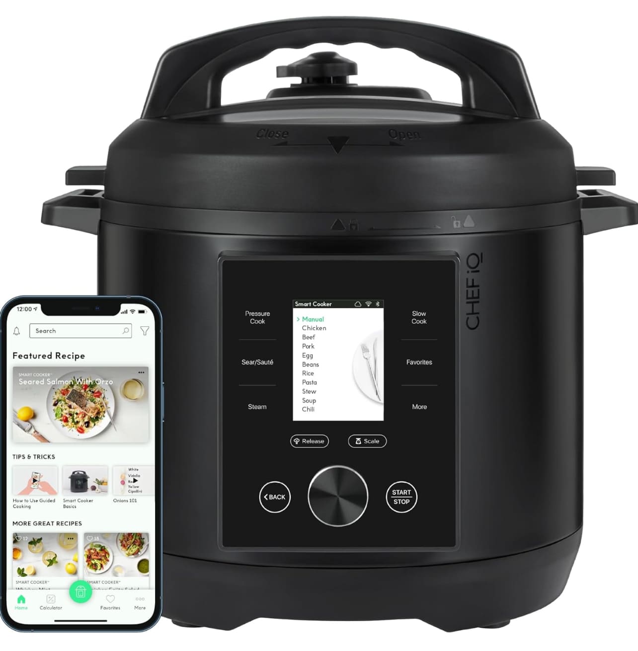 CHEF iQ Olla a presión inteligente con WiFi y escala incorporada, junto a una aplicación móvil con recetas.