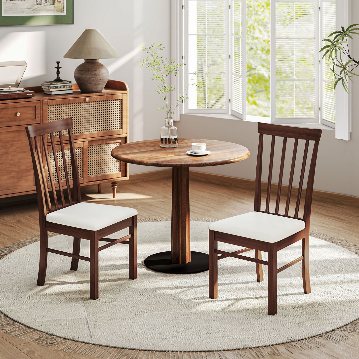 Wooden Dining Chairs Set of 2, Farmhouse Upholstered Kitchen Chairs with Rubber Wood Frame, Dark Brown and Beige