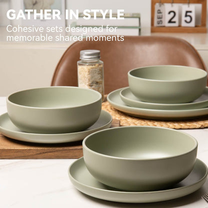 12-Piece Stoneware Dinnerware Sets With Mugs  Microwave & Dishwasher Safe  Non-Toxic Dinner Plates Bowls Set   Stackable Matte Glaze Kitchenware For 3