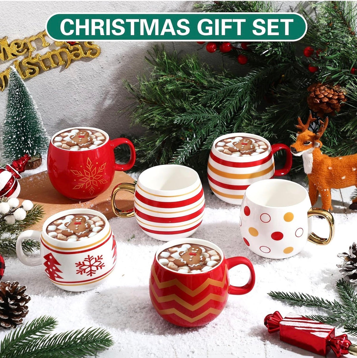 Juego de 6 tazas de Navidad, bolas de Navidad, taza de café, color dorado, rojo